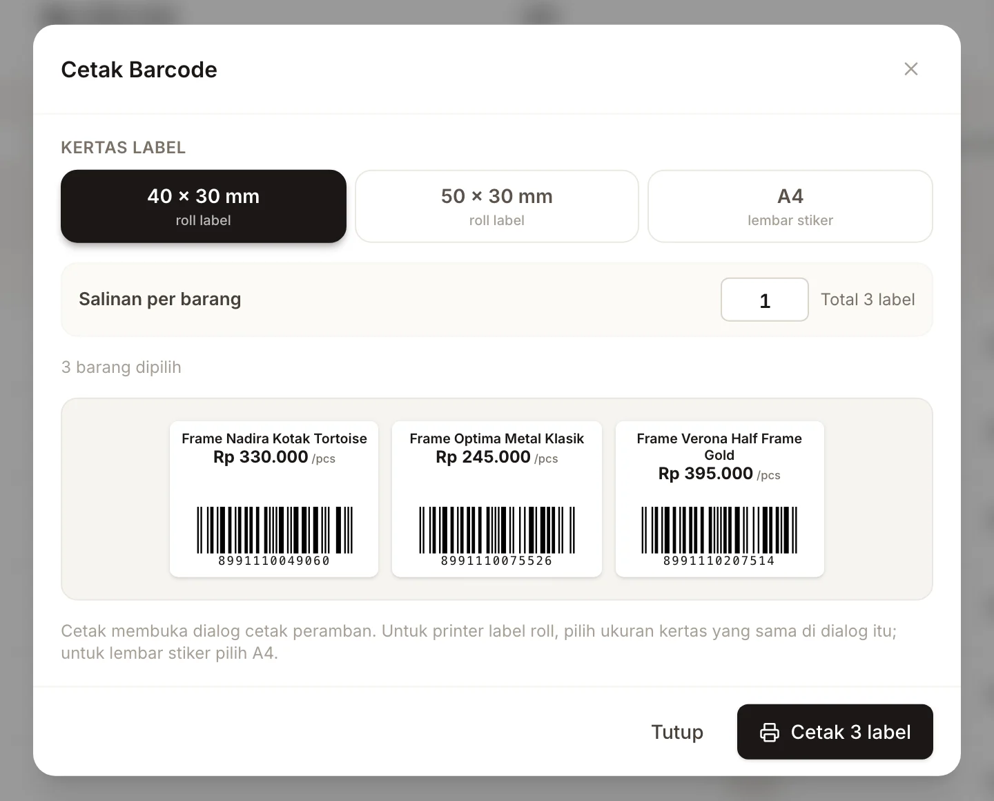 Dialog Cetak Barcode