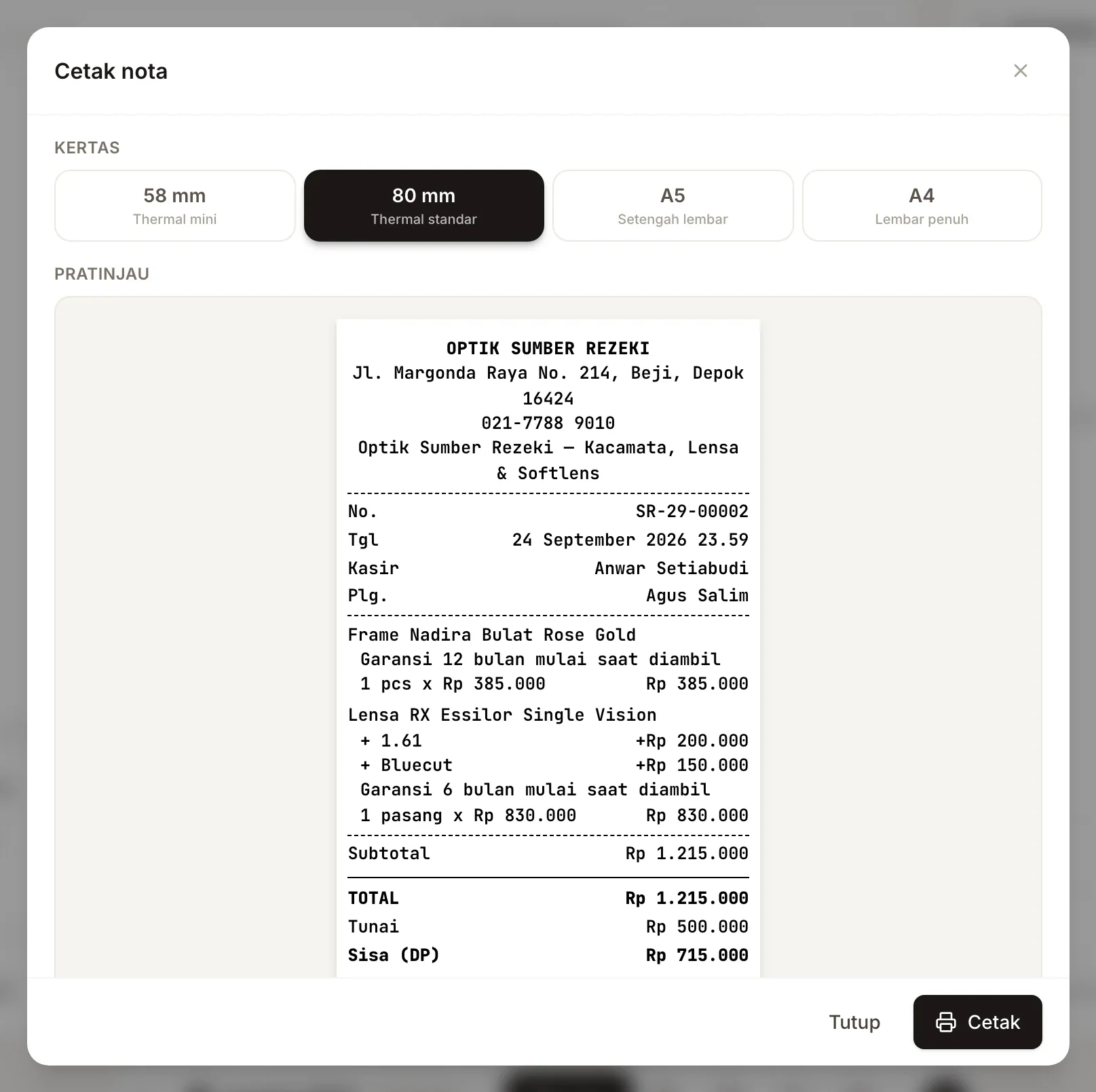 Dialog Cetak nota dengan pratinjau struk 80 mm
