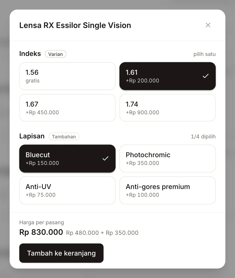 Lembar pilihan Lensa RX di kasir