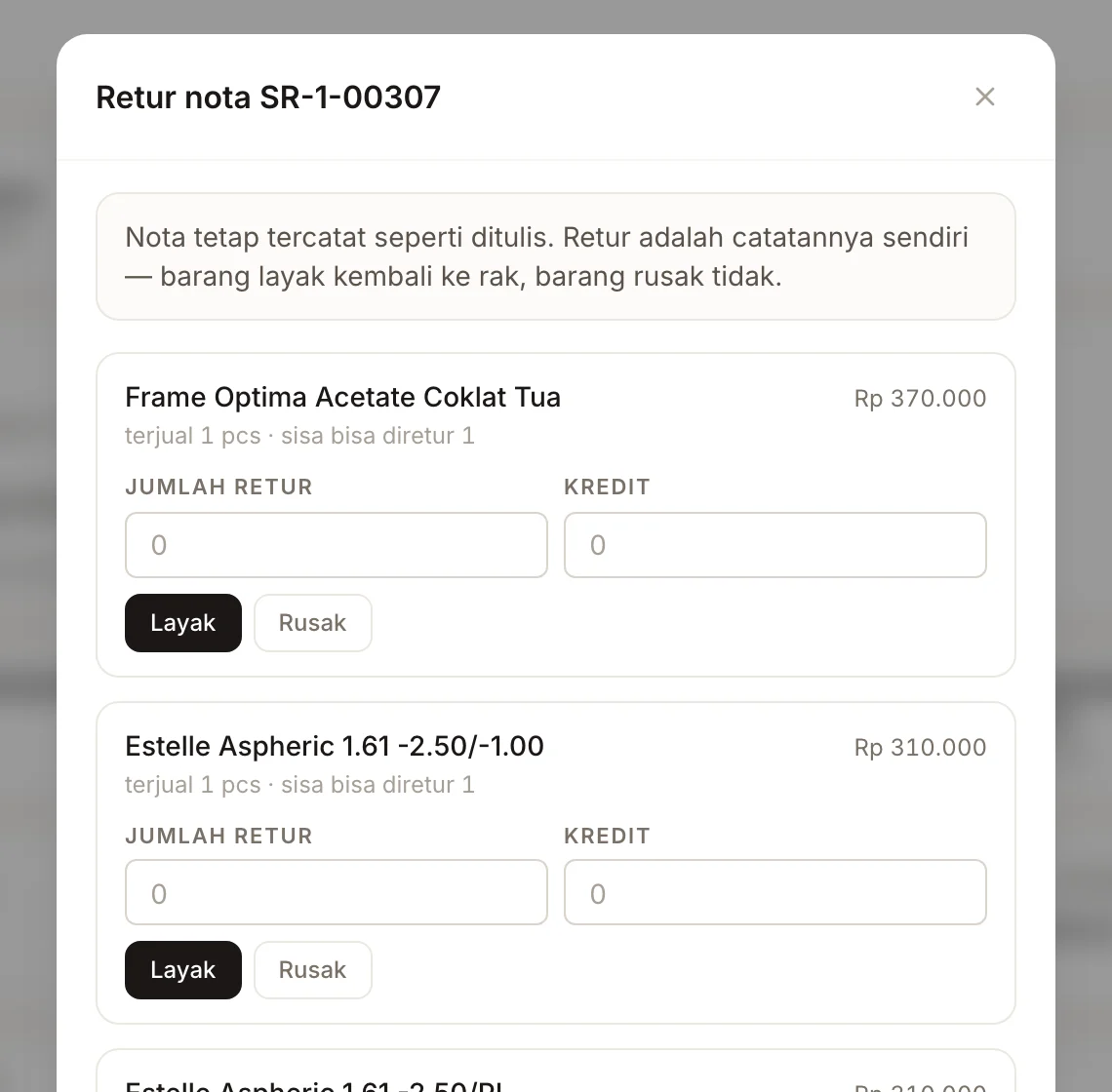 Dialog Retur nota